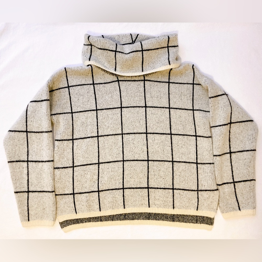 Lumiere off-white & black windowpane cowl neck sweater